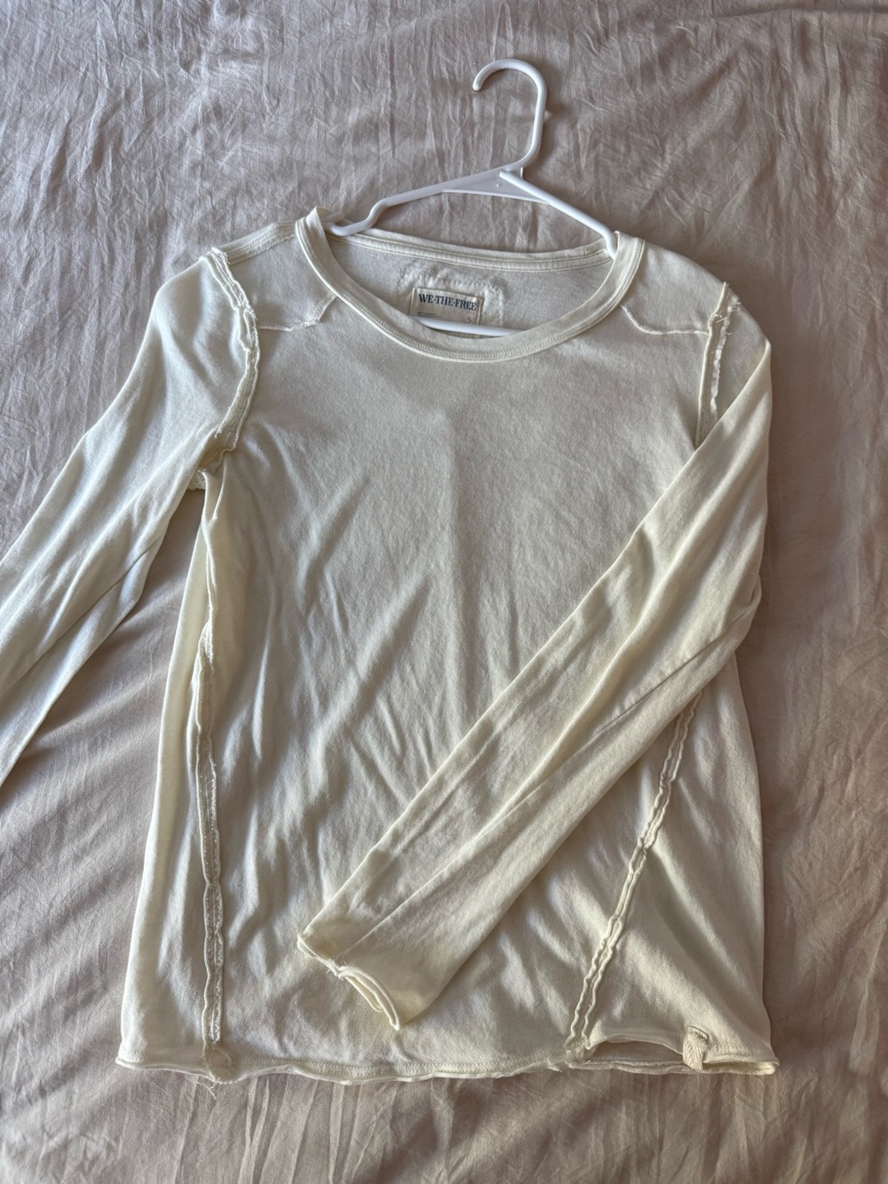 Free People Cream Raw-Edge Long Sleeve Tee